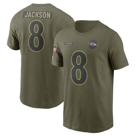 Men's Baltimore Ravens #8 Lamar Jackson Olive 2025 Salute to Service Name & Number T-Shirt - Ujersey