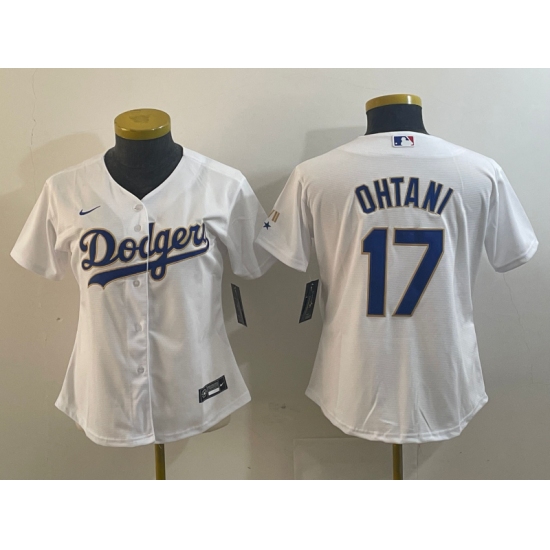 Women's Los Angeles Dodgers #17 Shohei Ohtani White Gold Championship Stitched Cool Base Nike Jersey