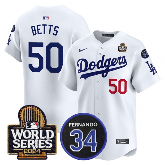 Men's Los Angeles Dodgers #50 Mookie Betts White 2024 World Series With Fernando Memorial Limited Stitched Baseball Jersey - Ujersey