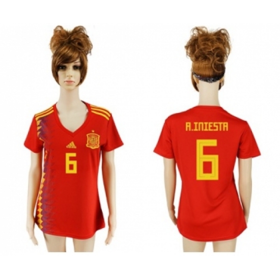 Women's Spain #6 A.Iniesta Red Home Soccer Country Jersey
