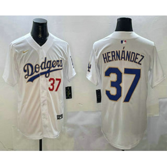 Men's Los Angeles Dodgers #37 Teoscar Hernandez Number White Gold Cool Base Stitched Jersey - Ujersey