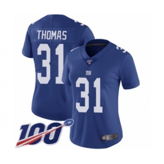 Women's New York Giants #31 Michael Thomas Royal Blue Team Color Vapor Untouchable Limited Player 100th Season Football Jersey - Ujersey