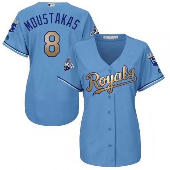 Women's Majestic Kansas City Royals #8 Mike Moustakas Authentic Light Blue 2015 World Series Champions Gold Program Cool Base MLB Jersey - Ujersey