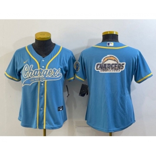 Women's Los Angeles Chargers Light Blue Team Big Logo With Patch Cool Base Stitched Baseball Jersey - Ujersey