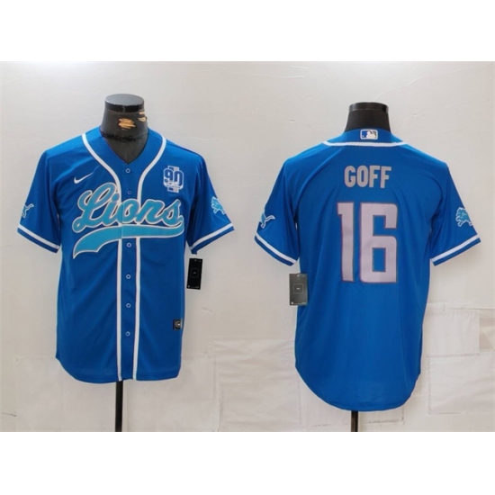 Men's Detroit Lions #16 Jared Goff Blue With 90th Anniversary Cool Base Stitched Baseball Jersey - Ujersey