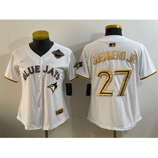 Women's Toronto Blue Jays #27 Vladimir Guerrero Jr. White Gold 2025 American League Champions Limited Stitched Baseball Jersey(Run Small) - Ujersey