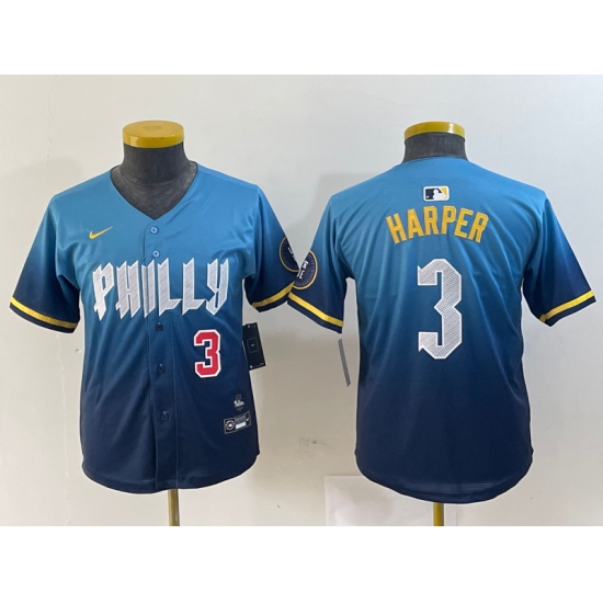 Youth Philadelphia Phillies #3 Bryce Harper Number Blue 2024 City Connect Limited Stitched Jersey - Ujersey
