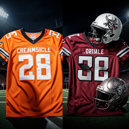 A side-by-side comparison of a vintage Creamsicle orange Buccaneers jersey and a modern red and pewter Buccaneers jersey.