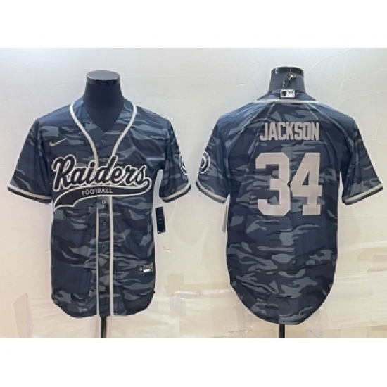 Men's Las Vegas Raiders #34 Bo Jackson Grey Camo With Patch Cool Base Stitched Baseball Jersey - Ujersey