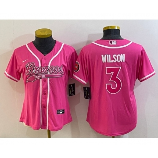 Women's Denver Broncos #3 Russell Wilson Pink With Patch Cool Base Stitched Baseball Jersey - Ujersey