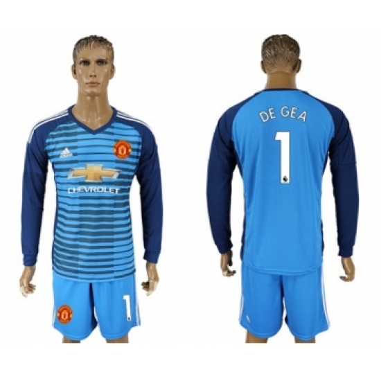 Manchester United #1 De Gea Blue Long Sleeves Soccer Club Jersey
