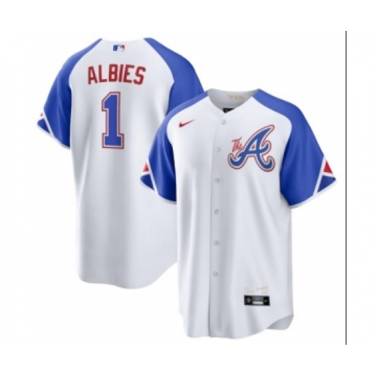 Men's Atlanta Braves #1 Ozzie Albies White 2023 City Connect Cool Base Stitched Baseball Jersey - Ujersey