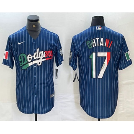 Men's Los Angeles Dodgers #17 Shohei Ohtani Mexico Blue Pinstripe Cool Base Stitched Jerseys - Ujersey