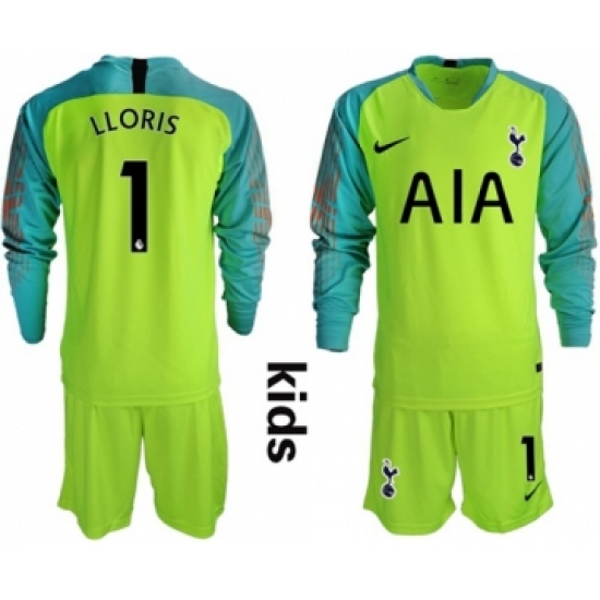 Tottenham Hotspur #1 Lloris Shiny Green Goalkeeper Long Sleeves Kid Soccer Club Jersey