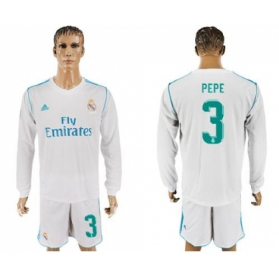 Real Madrid #3 Pepe White Home Long Sleeves Soccer Club Jersey