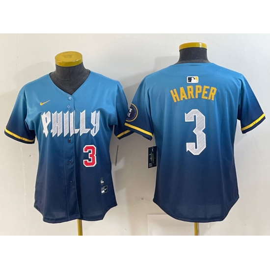 Women's Philadelphia Phillies #3 Bryce Harper Number Blue 2024 City Connect Limited Stitched Jersey - Ujersey