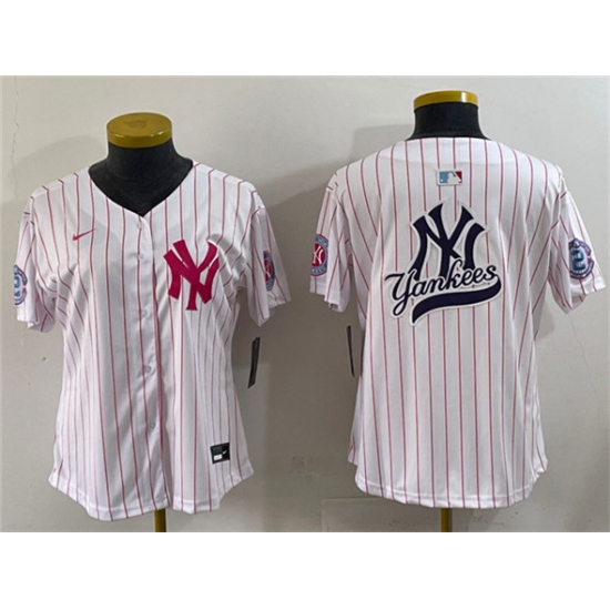Youth New York Yankees Team Big Logo White Pink Pinstripe Limited Stitched Baseball Jerseys - Ujersey