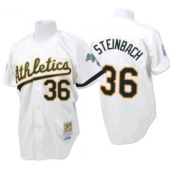 Men's Mitchell and Ness Oakland Athletics #36 Terry Steinbach Authentic White Throwback MLB Jersey - Ujersey