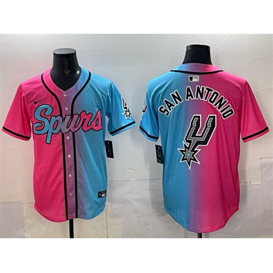 Men's San Antonio Spurs Team Big Logo Pink Blue Limited Stitched Baseball Jersey - Ujersey
