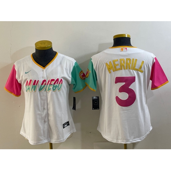 Women's San Diego Padres #3 Jackson Merrill White 2024 City Connect Cool Base Stitched Jersey - Ujersey