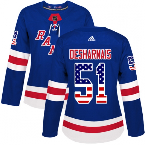 Women's Adidas New York Rangers #51 David Desharnais Authentic Royal Blue USA Flag Fashion NHL Jersey - Ujersey