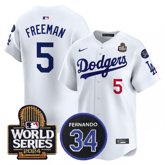 Men's Los Angeles Dodgers #5 Freddie Freeman White 2024 World Series With Fernando Memorial Limited Stitched Baseball Jersey - Ujersey
