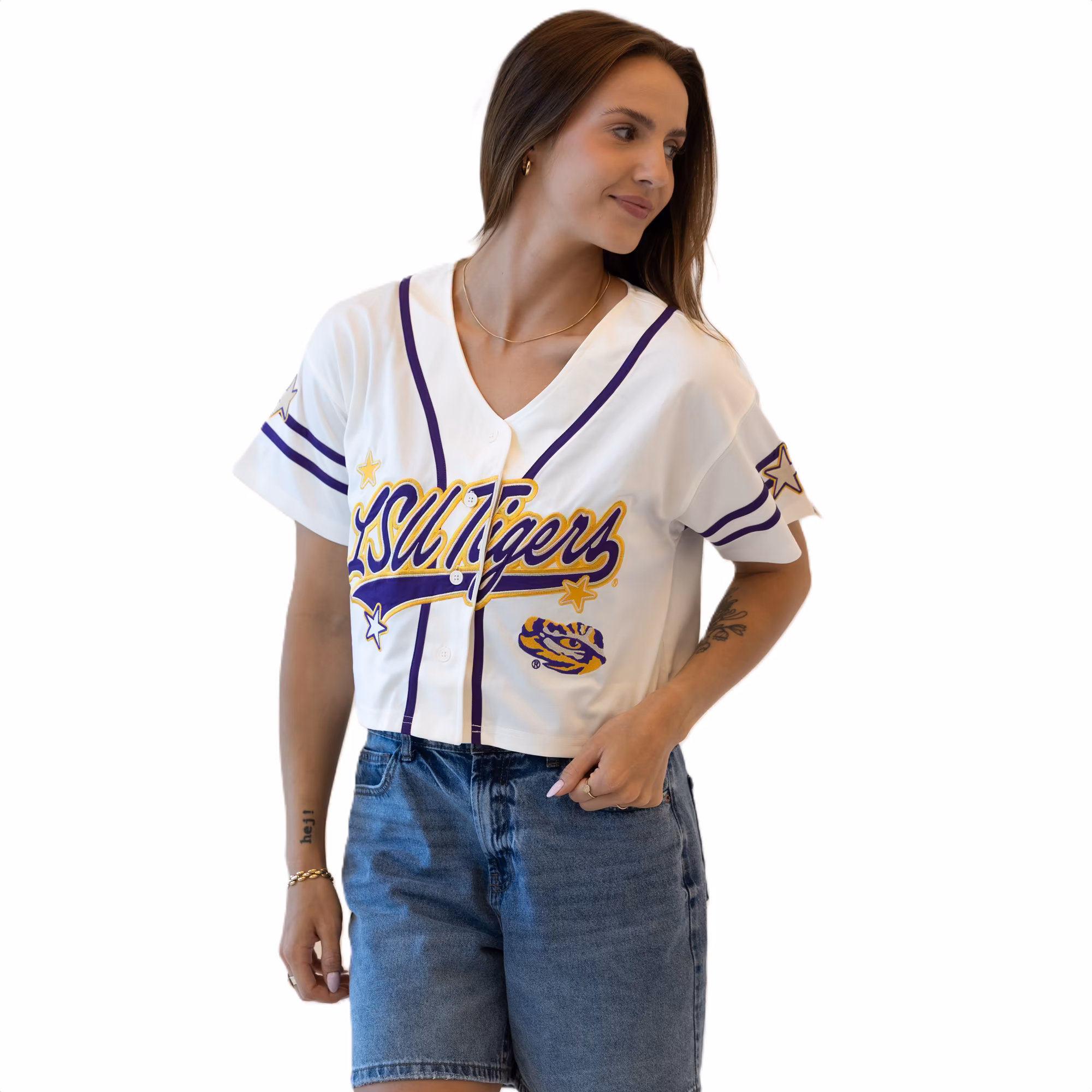 Women's Gameday Social Off White LSU Tigers Cropped Patch Baseball Fashion Jersey - U-jersey