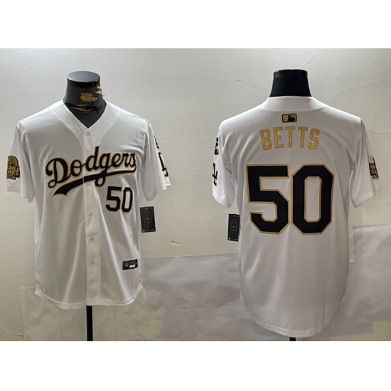Men's los angeles dodgers #50 mookie betts white gold 2024 world series with fernando memorial limited stitched baseball jersey - Ujersey