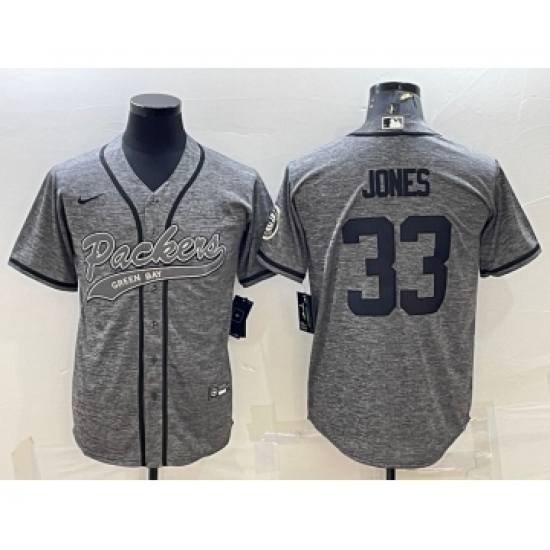 Men's Green Bay Packers #33 Aaron Jones Grey Gridiron With Patch Cool Base Stitched Baseball Jersey - Ujersey