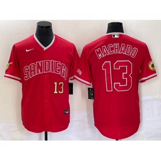 Men's San Diego Padres #13 Manny Machado Number Red NEW 2023 Cool Base Stitched Jersey - Ujersey