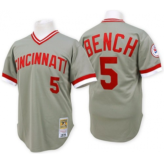Men's Mitchell and Ness Cincinnati Reds #5 Johnny Bench Authentic Grey Throwback MLB Jersey - Ujersey