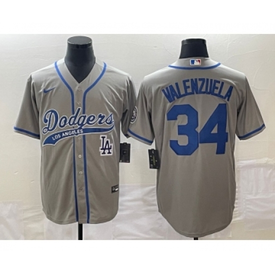 Men's Los Angeles Dodgers #34 Fernando Valenzuela Grey Cool Base Stitched Baseball Jersey - Ujersey