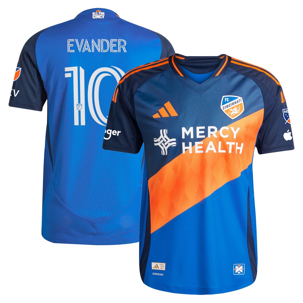 Men's FC Cincinnati Evander da Silva Ferreira adidas Blue 2025 Orange and Blue Legacy Kit On-Field Authentic Jersey - Ujersey