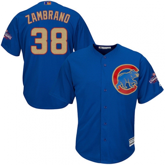 Youth Majestic Chicago Cubs #38 Carlos Zambrano Authentic Royal Blue 2017 Gold Champion Cool Base MLB Jersey - Ujersey