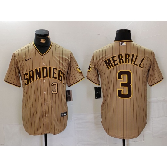 Men's San Diego Padres #3 Jackson Merrill Tan NEW 2023 Cool Base Stitched Jerseys - Ujersey