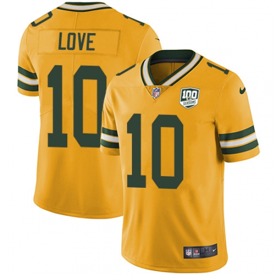Men's Green Bay Packers #10 Jordan Love Yellow 100th Season Stitched NFL Limited Rush Jersey - Ujersey