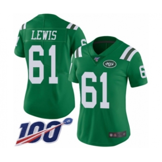 Women's New York Jets #61 Alex Lewis Limited Green Rush Vapor Untouchable 100th Season Football Jersey - Ujersey