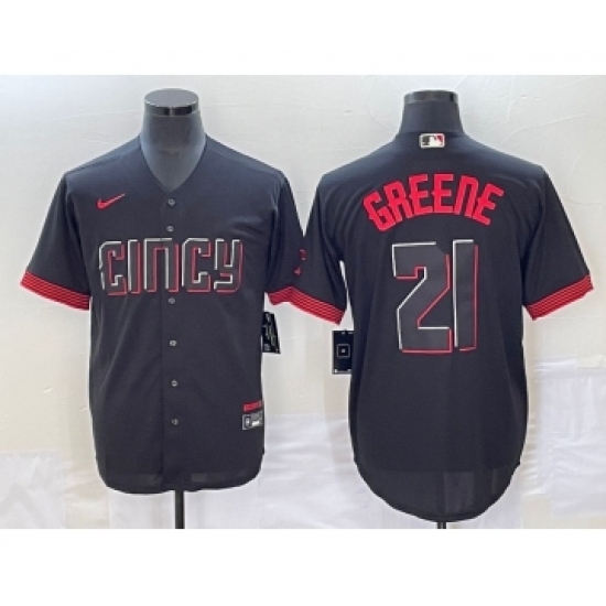 Men's Cincinnati Reds #21 Hunter Greene Black 2023 City Connect Cool Base Stitched Jersey1 - Ujersey
