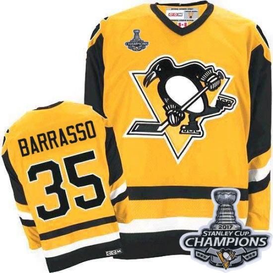 Men's CCM Pittsburgh Penguins #35 Tom Barrasso Premier Yellow Throwback 2017 Stanley Cup Champions NHL Jersey - Ujersey
