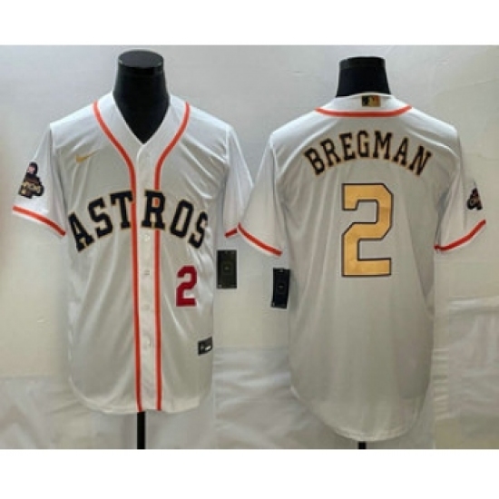 Men's Houston Astros #2 Alex Bregman Number 2023 White Gold World Serise Champions Cool Base Stitched Jerseys - Ujersey