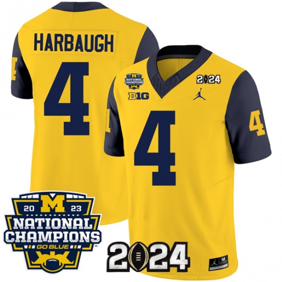 Men's Michigan Wolverines #4 Jim Harbaugh Yellow Navy 2024 F.U.S.E. With 2023 National Champions Stitched Jersey - Ujersey