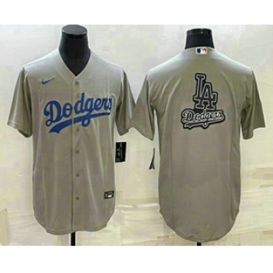 Men's Los Angeles Dodgers Grey Team Big Logo Cool Base Stitched Baseball Jersey1 - Ujersey