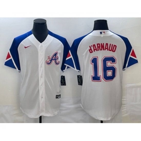Men's Atlanta Braves #16 Travis dArnaud White 2023 City Connect Cool Base Stitched Jersey - Ujersey