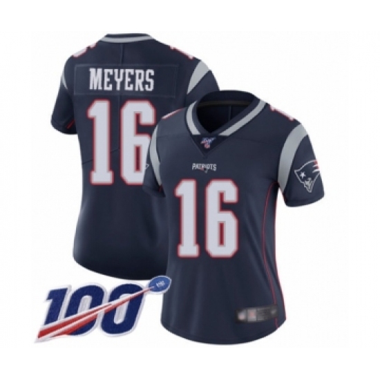 Women's New England Patriots #16 Jakobi Meyers Navy Blue Team Color Vapor Untouchable Limited Player 100th Season Football Jersey - Ujersey