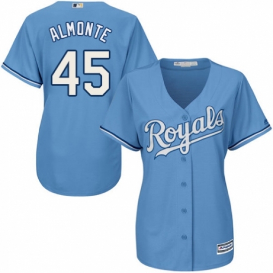 Women's Majestic Kansas City Royals #45 Abraham Almonte Authentic Light Blue Alternate 1 Cool Base MLB Jersey - Ujersey