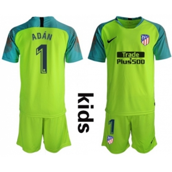 Atletico Madrid #1 Adan Shiny Green Goalkeeper Kid Soccer Club Jersey