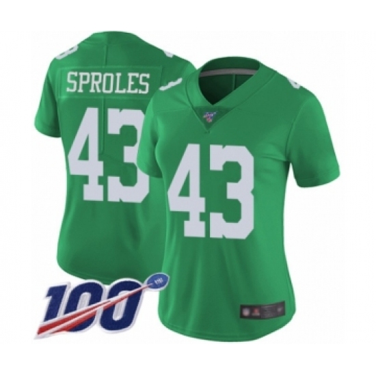 Women's Philadelphia Eagles #43 Darren Sproles Limited Green Rush Vapor Untouchable 100th Season Football Jersey - Ujersey
