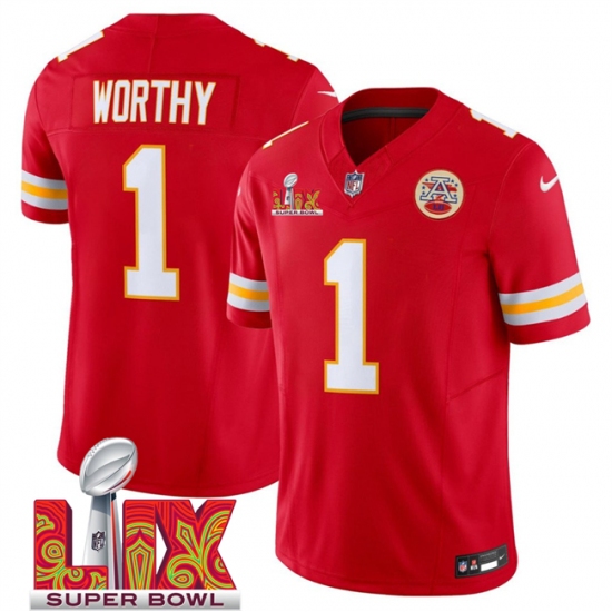 Men's Kansas City Chiefs #1 Xavier Worthy Red 2025 Super Bowl LIX F.U.S.E. Vapor Limited Stitched Football Jersey - Ujersey