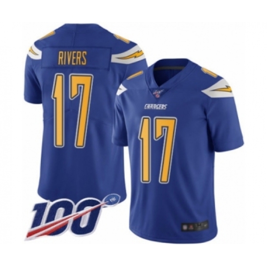 Youth Nike Los Angeles Chargers #17 Philip Rivers Limited Electric Blue Rush Vapor Untouchable 100th Season NFL Jersey - Ujersey