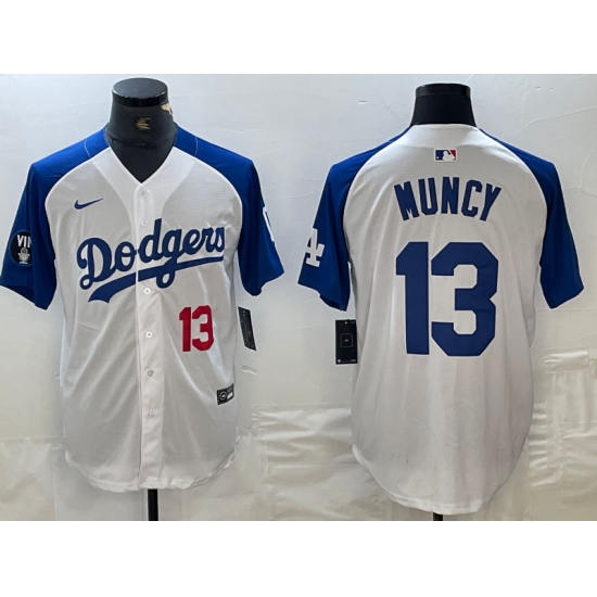Mens Los Angeles Dodgers #13 Max Muncy Number White Blue Fashion Stitched Cool Base Limited Jersey - Ujersey